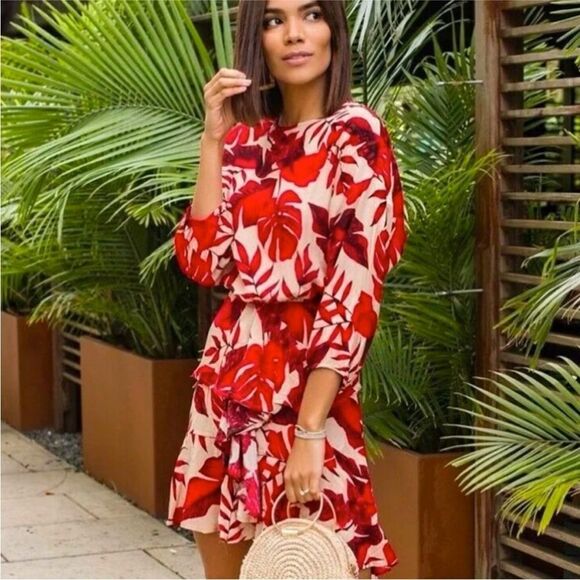 Johanna Ortiz x H&M Red and Cream Floral Long Sleeve Dress, M - Picture 1 of 11